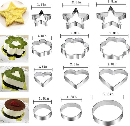 12-Piece Stainless Steel Cookie Cutter Set – Heart, Star, Flower & Round Shapes
